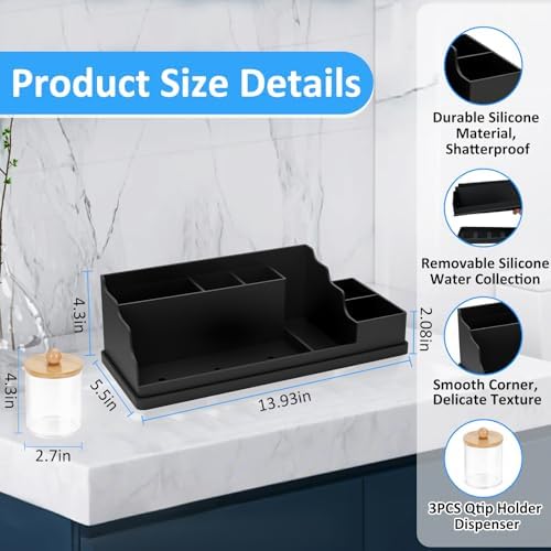 Bathroom Counter Organizer, Black Silicone Toothbrush Holders for Bathrooms Organizer Countertop with 3PCS Qtip Holder, Toothbrush and Toothpaste Holder for Bathroom Organization Storage Vanity
