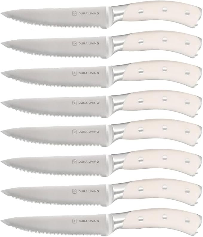 DURA LIVING 8-Piece Serrated Kitchen Steak Knife Set – Forged High Carbon Stainless Steel, Ultra Sharp, Ergonomic Black Handles, Durable Dinner Knives, Cream Handle