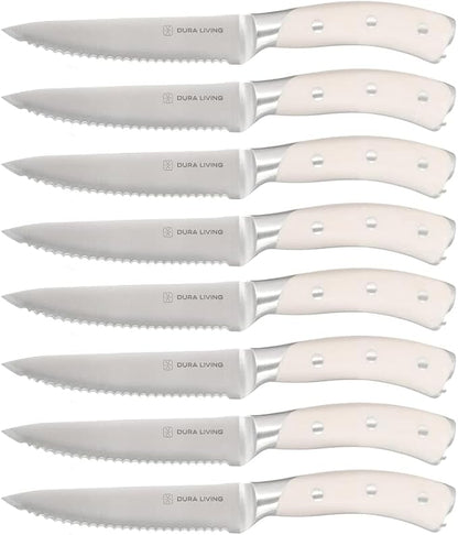 DURA LIVING 8-Piece Serrated Kitchen Steak Knife Set – Forged High Carbon Stainless Steel, Ultra Sharp, Ergonomic Black Handles, Durable Dinner Knives, Cream Handle