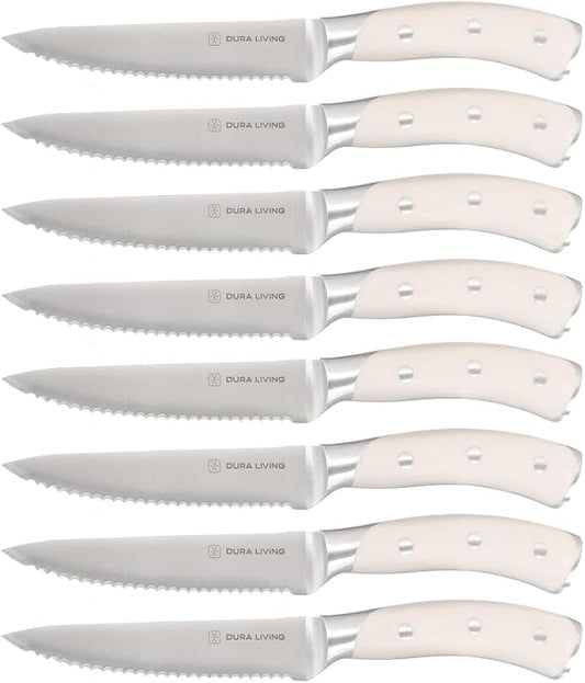 DURA LIVING 8-Piece Serrated Kitchen Steak Knife Set – Forged High Carbon Stainless Steel, Ultra Sharp, Ergonomic Black Handles, Durable Dinner Knives, Cream Handle