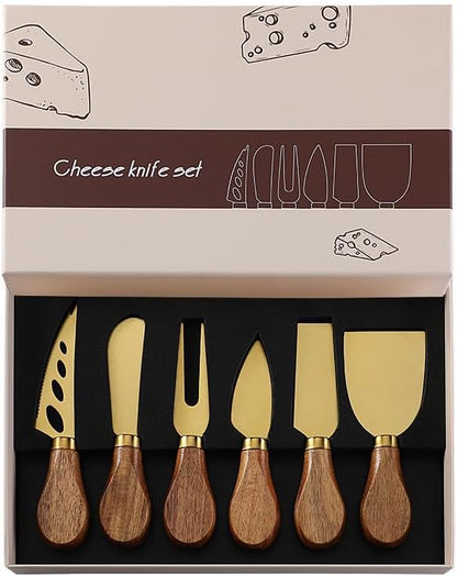 6 Pcs Gold Cheese Knives Set Tools Stainless Steel Cheese Slicer and Cutters for Kitchen Board Knife Set for Kitchen Charcuterie Board Accessories Housewarming Gift (Acacia-Gold Box)