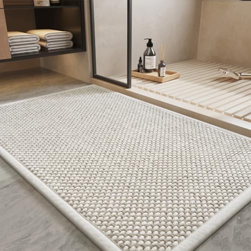 PADOOR-Bath Mat-Super Absorbent Chenille Bathroom Mats-Rubber Backed Bath Mats for Bathroom Non Slip, Easy Clean Bathroom Rugs Front of Bathtub,Shower Room,Sink-20×32, Beige&Cream