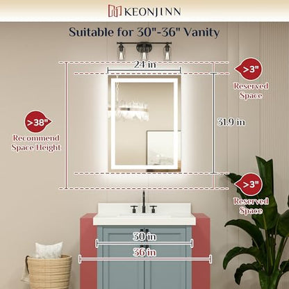 Keonjinn 24x32 Inch LED Bathroom Mirror with Lights, Frontlit & Backlit
