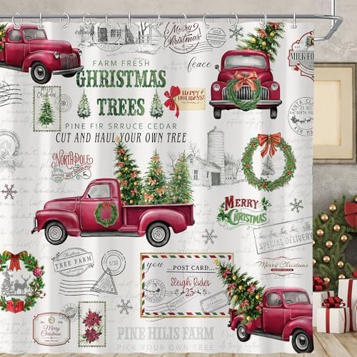 Vintage Christmas Farmhouse Shower Curtain for Bathroom 72W*72H Inch Red Truck Xmas Tree Winter Snowflake Wreath Classical Country Holiday Decorations Bathtub Decor Waterproof Polyester Fabric Set