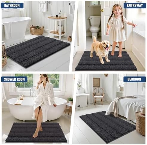 Grandaily Chenille Striped Bathroom Rugs 36x24, Extra Thick and Soft Absorbent Bath Mats, Rubber Backing, Plush Shaggy Shower Carpet, Machine Wash Dry, Bath Rug for Bathroom, Charcoal