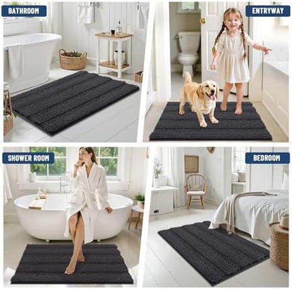 Grandaily Chenille Striped Bathroom Rugs 47x32, Extra Thick and Soft Absorbent Bath Mats, Rubber Backing, Plush Shaggy Shower Carpet, Machine Wash Dry, Bath Rug for Bathroom, Charcoal