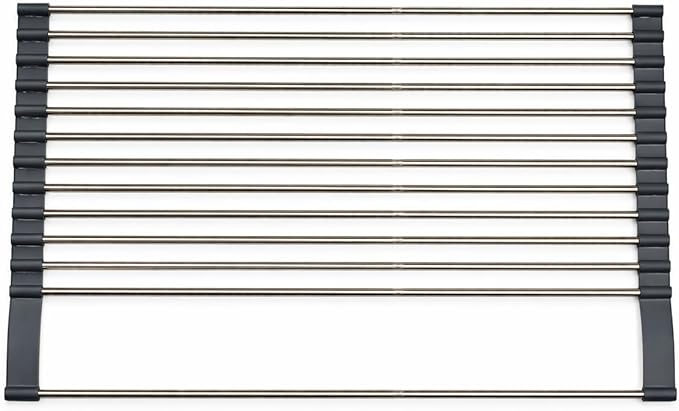 Expandable 304 Stainless Steel Roll Up Dish Drying Rack Over the Sink, Foldable Kichen Sink Drainer, Heat Resistant Space Saving Design