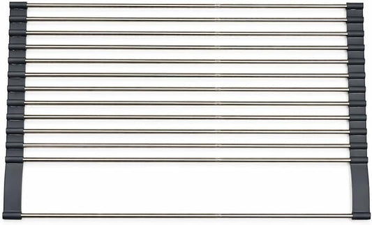 Expandable 304 Stainless Steel Roll Up Dish Drying Rack Over the Sink, Foldable Kichen Sink Drainer, Heat Resistant Space Saving Design