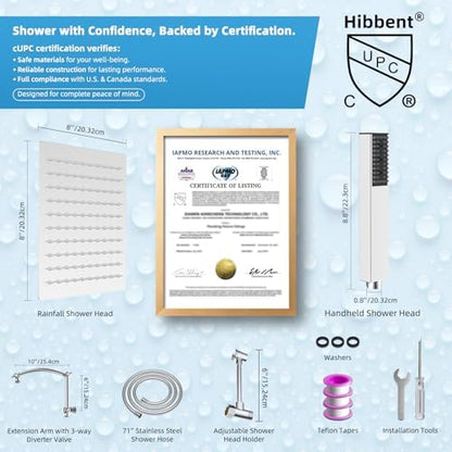 Hibbent All Metal CUPC Certified 8'' Rainfall Shower Head, Dual Shower Head Combo with 4 Handheld Sprays, High Pressure Shower Wand, 16'' Adjustable Extension Arm, 71'' Hose, Shower Holder, Chrome