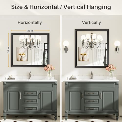 Briivue Black Metal Framed Bathroom Wall Mirror, 36x32 Inch