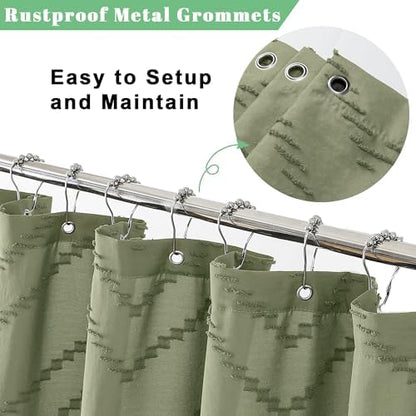 OWENIE Extra Long Light Green Boho Shower Curtain, Chic Tufted Chevron Striped Textured Fabric Cloth Shower Curtains with Tassel for Bathroom, Soft Hotel Style Farmhouse, Machine Washable, 72x84