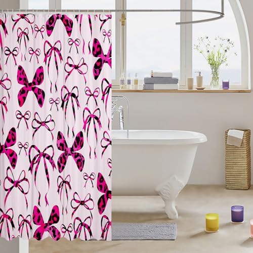 jejeloiu Cute Bowknot Shower Curtain for Bathroom Decor 72"x78" Pink Black Girls Bow Bath Curtain Kawaii Leopard Bathroom Accessories Waterproof Polyester Fabric for Stalls Bathtubs Princess Decor