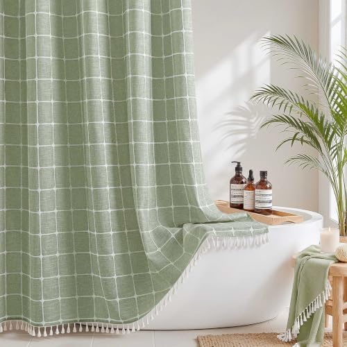 RiverDream Farmhouse No Hooks Shower Curtain with Snap-in Liner,Green,71x86