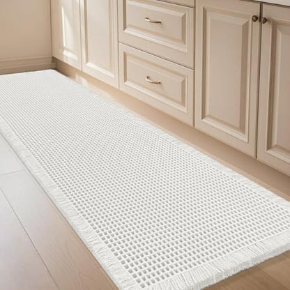 Extra Large Waffle Bath Mat White 6'x2'(72" x 24"), Boho Woven Modern Bath Mat Rugs, Absorbent Non Slip Bathroom Rugs, Soft Washable Bath Rugs with Tassels for Bathroom, Bedroom, Kitchen, Shower, Tub