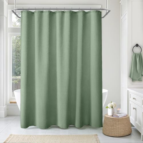 Waffle Weave Shower Curtain Heavyweight Cotton Fabric Sage Green 72Wx72L