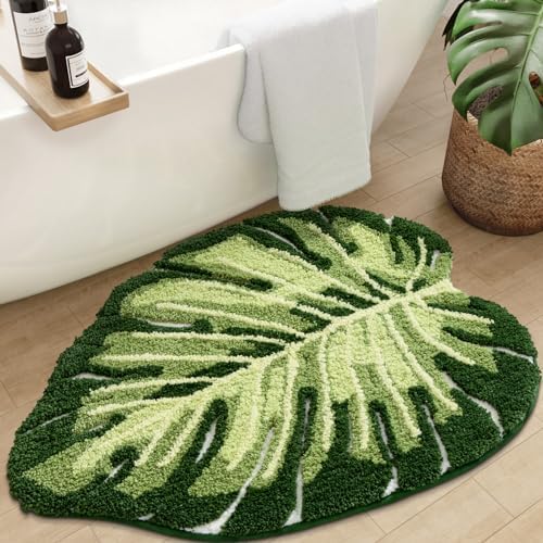 DEXI Cute Bath Mat, Green Leaf Monstera Bathroom Rugs 31.5x23.5