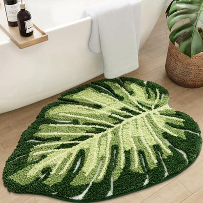 DEXI Cute Bath Mat, Green Leaf Monstera Bathroom Rugs 31.5x23.5