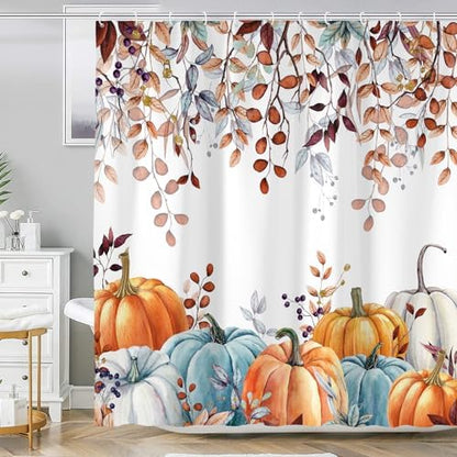 Fall Shower Curtains for Bathroom, Thanksgiving Pumpkins Autumn Eucalyptus Leaves Shower Curtain Set with Hooks, Blue Orange Waterproof Fabric Fall Bathroom Decor Accessories, 72 x 78 Inch