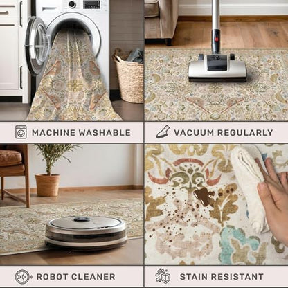 Large Washable Living Room Rug 8x12 - Beige Floral Area Rugs for Bedroom Under Bed, Dining Room Table Rug, Neutral Farmhouse Décor with Light Blue and Green Accent, Non-Slip Stain & Fade Resistant