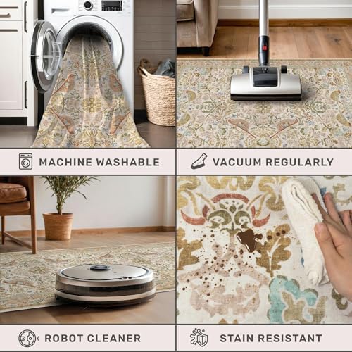 Washable Area Rugs 6x8 for Living Room - Western Nature Rugs for Bedroom, Dining Room, Playroom, Guest Room with Boho Beige Neutral Botanical & Bird Pattern, Non Slip Stain Resistant Low Pile