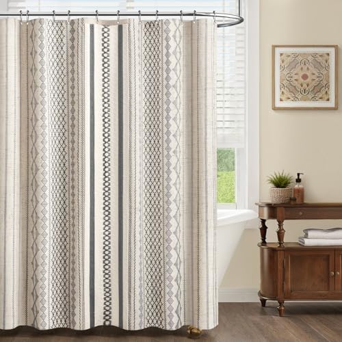 Grey Boho Linen Shower Curtain,72" W x 72" L