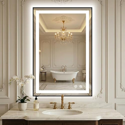 LED Bathroom Mirror with Lights, 24"x36" Black Framed Lighted Vanity Mirror