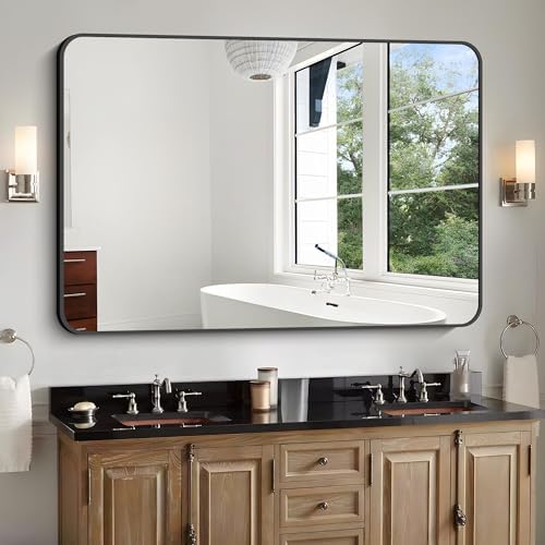 Bathroom Mirror, 48x36 inch Black Rectangle Wall Mirror, Metal Frame Rounded Corner Vanity Mirror, Large Wall Mounted Mirror for Over Sink Bedroom Living Room Horizontal Or Vertical Mounting