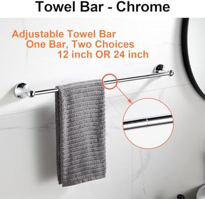 BGL Bathroom Hardware Set, Chrome Adjustable Expandable Towel Bar 4-Piece Bathroom Accessory Set Wall Mounted Robe Hook Toilet Paper Holder Towel Ring Towel Bar