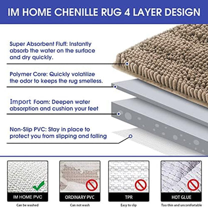 ACCUMTEK Striped Dark Beige Bathroom Rug Mat 32"x20" Ultra Soft, Non Slip Chenille Bath Rugs, Absorbent Plush Shaggy Bath Mats for Bathroom, Bedroom, Kitchen, Shower, Tub,Taupe