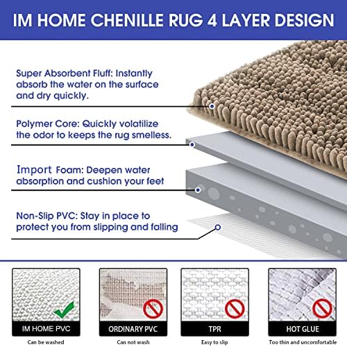 ACCUMTEK Terraloom Striped Dark Beige Bathroom Rug Mat 36"x24" Ultra Soft, Non Slip Chenille Bath Rugs, Absorbent Plush Shaggy Bath Mats for Bathroom, Bedroom, Shower, Tub,Taupe