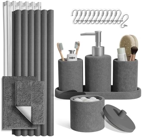 Clara Clark Grey Bathroom Set - Bathroom Sets with Shower Curtain and Rugs, 21PC Bathroom Accessory Set, Shower Curtain Set with Soap Dispenser & Toothbrush Holder