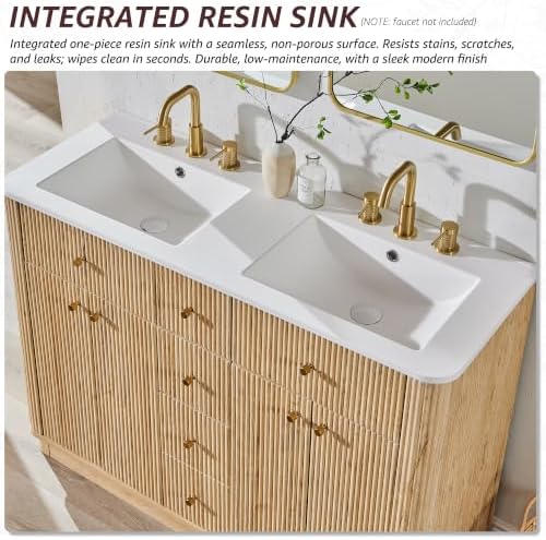 T4TREAM 48" Fluted Bathroom Vanity with Double Sink, Natural Oak
