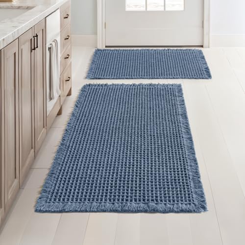 MIULEE Set of 2 Waffle Bathroom Rugs Boho Bath Mat Blue 17"x24"+20"x32"