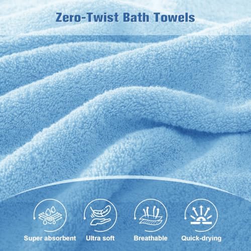 COZYART Bath Towel Set 6 PCS, Sky Blue 100% Turkish Cotton 650GSM Soft