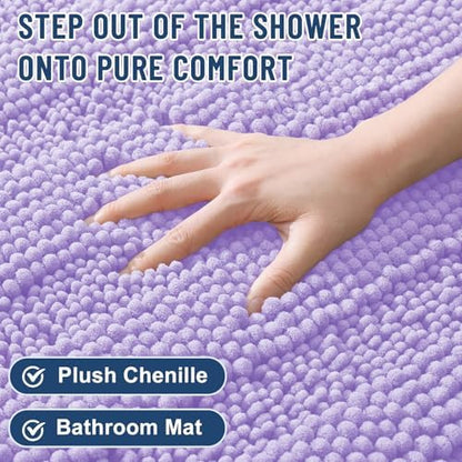 Grandaily Chenille Striped Bathroom Rugs 70x24, Extra Thick and Soft Absorbent Bath Mats, Rubber Backing, Plush Shaggy Shower Carpet, Machine Wash Dry, Bath Rug for Bathroom, Light Purple