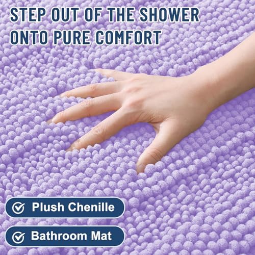 Grandaily Chenille Striped Bathroom Rugs 24x16, Extra Thick and Soft Absorbent Bath Mats, Rubber Backing, Plush Shaggy Shower Carpet, Machine Wash Dry, Bath Rug for Bathroom, Light Purple