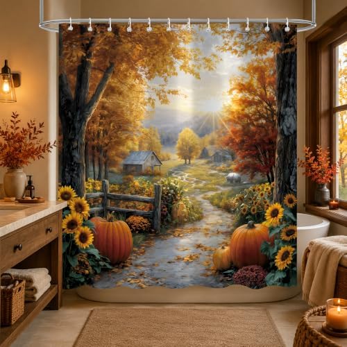 Autumn Country Road Shower Curtain, 72 x 84 Inch Fall Landscape Bathroom Curtain with Pumpkins, Sunflowers, Trees and Farmhouse Path Decor