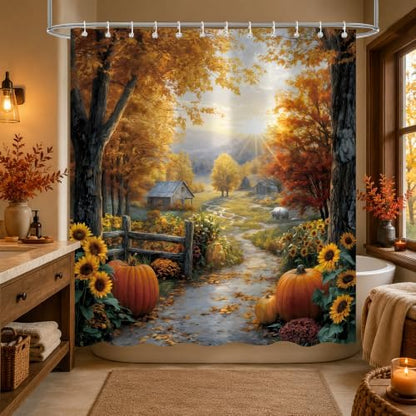 Autumn Country Road Shower Curtain, 72 x 84 Inch Fall Landscape Bathroom Curtain with Pumpkins, Sunflowers, Trees and Farmhouse Path Decor