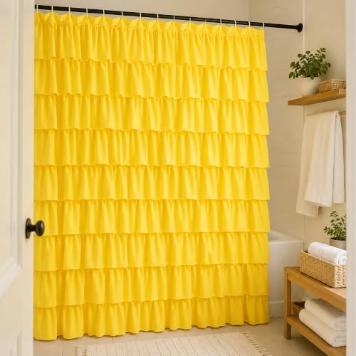 Yellow Shower Curtain for Bathroom, 72 X 72 Inch, Cascading Ruffle Design