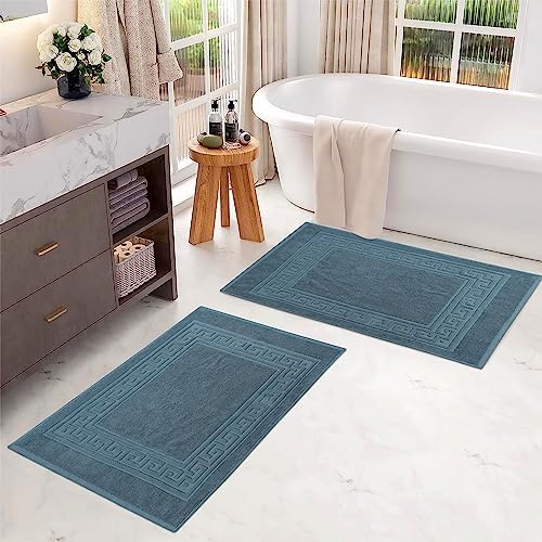 Superior Heavyweight Cotton Bath Mats, 2-Piece Rugs For Bathroom Accessories, Washable Rug For Shower, Toilet, Modern Decor, No Backing, Luxury Hotel And Spa Quality, Set of 2, 22" x 35", Sapphire