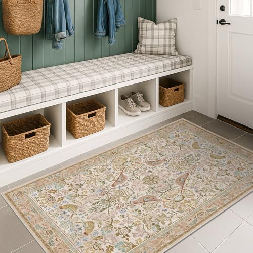 Large Entryway Rugs Indoor - Beige 3x5 Washable Rugs for Kitchen Bedroom Beside Bed Door Mat Indoor Entrance with Light Beige Woodland Flowers, Non Slip Stain Resistant Low Pile