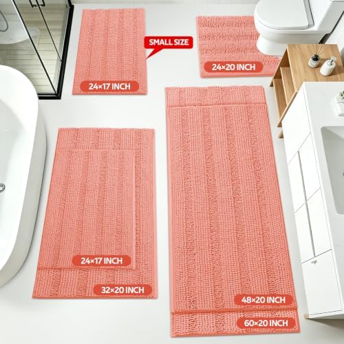 ACCUMTEK Striped Coral Bathroom Rug Mat Set 2 piece 24"x17"+48"x20" Ultra Soft, Non Slip Chenille Bath Rugs, Absorbent Plush Shaggy Bath Mats for Bathroom, Bedroom, Kitchen, Shower, Tub