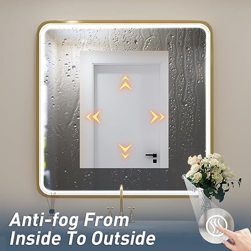 36X36 Inch LED Gold Frame Bathroom Mirror, ETL Listed