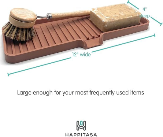 Silicone Soap Dish Tray and Sponge Holder with Drain Chute, Rectangular, Kitchen and Bathroom Sink Organizer (Mocha, 12"x4")