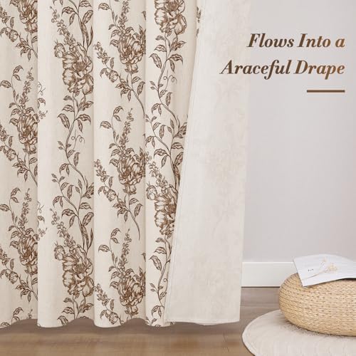 Brown Linen Farmhouse Shower Curtain, Boho Floral Bathroom 72x84