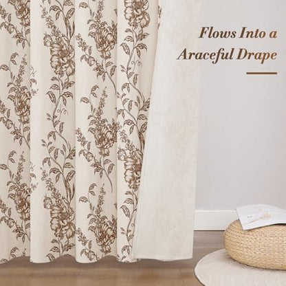 Brown Linen Farmhouse Shower Curtain, Boho Floral Bathroom 72x84