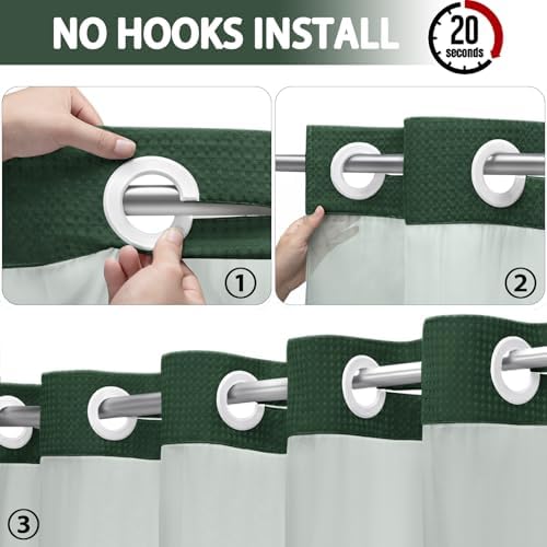 No Hook Shower Curtain with Liner Set Hotel Waffle Dark Green 72W X 75L