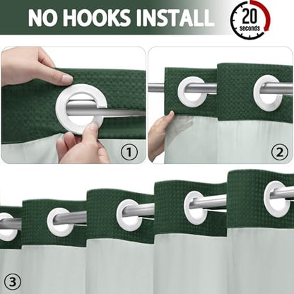 No Hook Shower Curtain with Liner Set Hotel Waffle Dark Green 72W X 75L