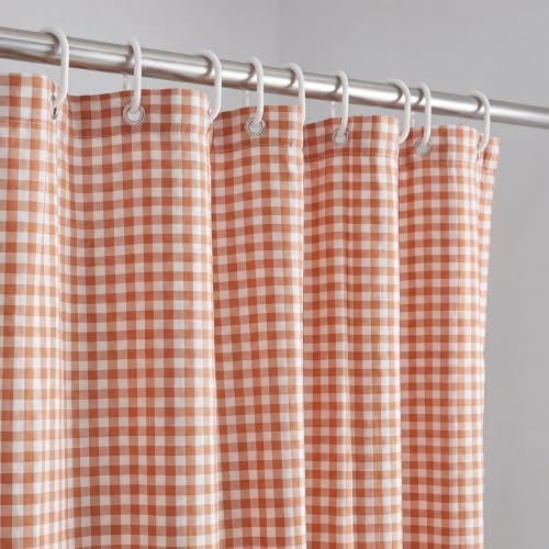 HunnmingRe Ruffle Hem Gingham Shower Curtain, Orange Farmhouse