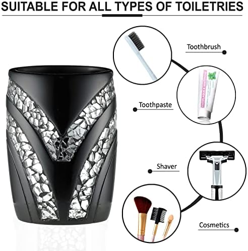 Zahari Home 4pc Sinatra Stylish Bathroom Accessories Set Black Soap Dispenser/Lotion Pump, Tumbler, Tooth Brush Holder and Soap Dish Modern Luxury Decor Bling Mosaic Glass Black Bathroom Accessories